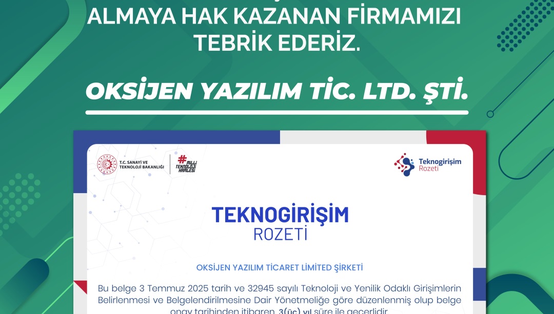 Giresun Teknopark firmalarımızdan Oksijen Yazılım, Sanayi ve Teknoloji Bakanlığı tarafından Milli Teknoloji Hamlesi kapsamında hayata geçirilen Teknogirişim Rozeti'ni almaya hak kazandı.